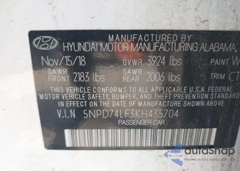 2019 Hyundai Elantra Se z USA, uszkodzony, nr VIN 5NPD74LF3KH435704